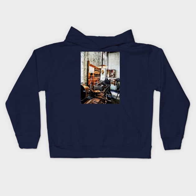 Machinists - Small Lathe in Machine Shop Kids Hoodie by SusanSavad